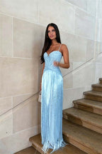 Cocoslly Spaghetti Straps Sleeveless High Waist Long Prom Dress With Tassel And Rhinstone | Champage Chiffon WQ0759
