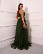Cocoslly One Shoudler Sleeveless High Waist Long Prom Dress With Ruffles | Forest Green Tulle ZT0560