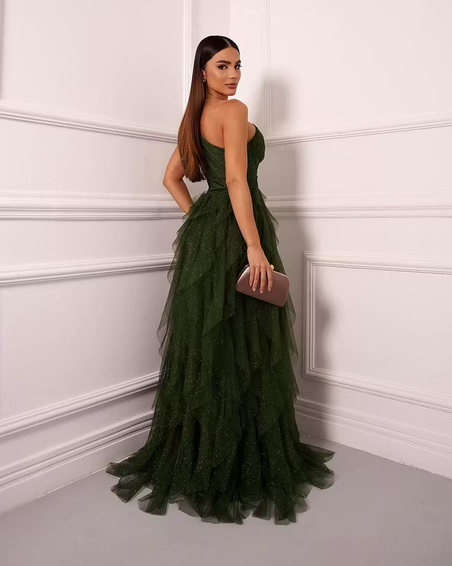 Cocoslly One Shoudler Sleeveless High Waist Long Prom Dress With Ruffles | Forest Green Tulle ZT0560