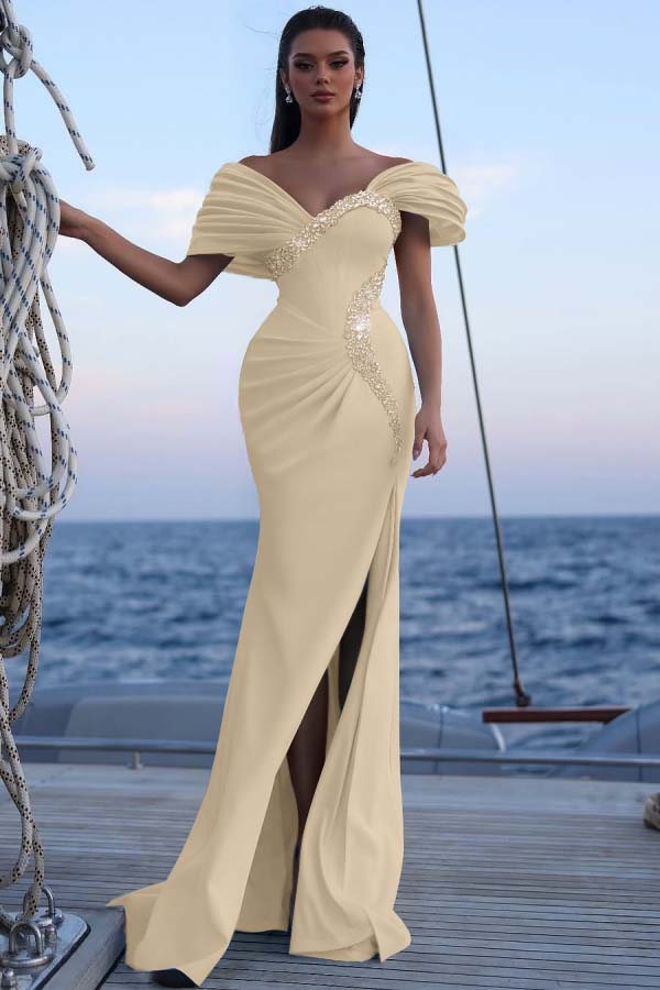 Cocoslly Off-The-Shoulder Beaded Split Long Prom Dress With Sequins Acrylic Rhinestones | Sky Blue Satin ZT0483