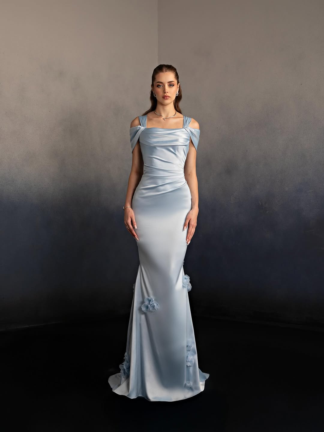 Cocoslly Square Neck Sleeveless Long Mermaid Prom Dress With Pleated And Applique | Blue Satin CO0006