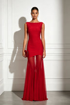 Red Mesh Classic Boat Neck Sleeveless Mermaid Floor-length Gown Dress