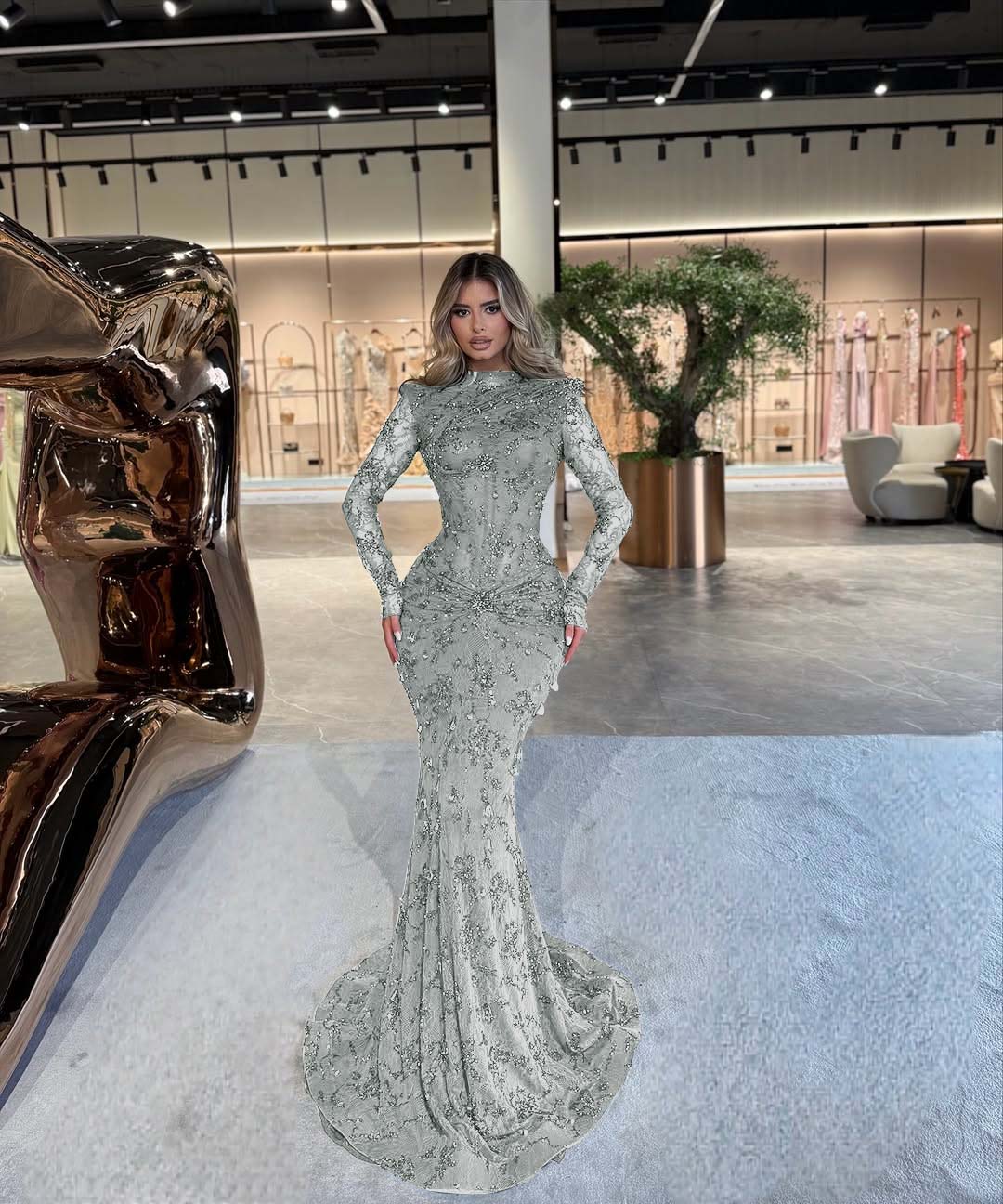 High Neck Long Sleeves Long Mermaid Prom Dress With Beading Pleated YK0512