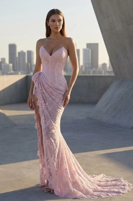 Cocoslly Strapless Sleeveless High Waist Long Mermaid Prom Dress With Deep Split | Pink Lace CO0130