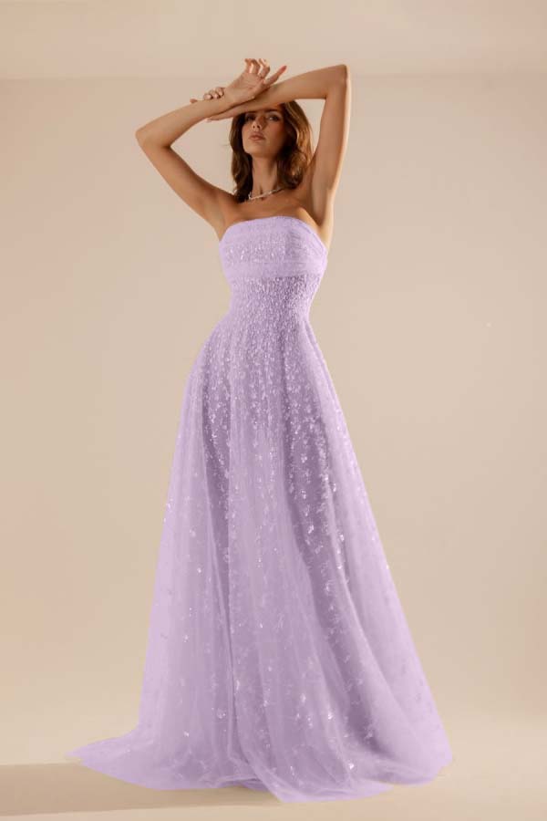 Charming Tulle Strapless Sleeveless Long Prom Dress With Beading YK0107