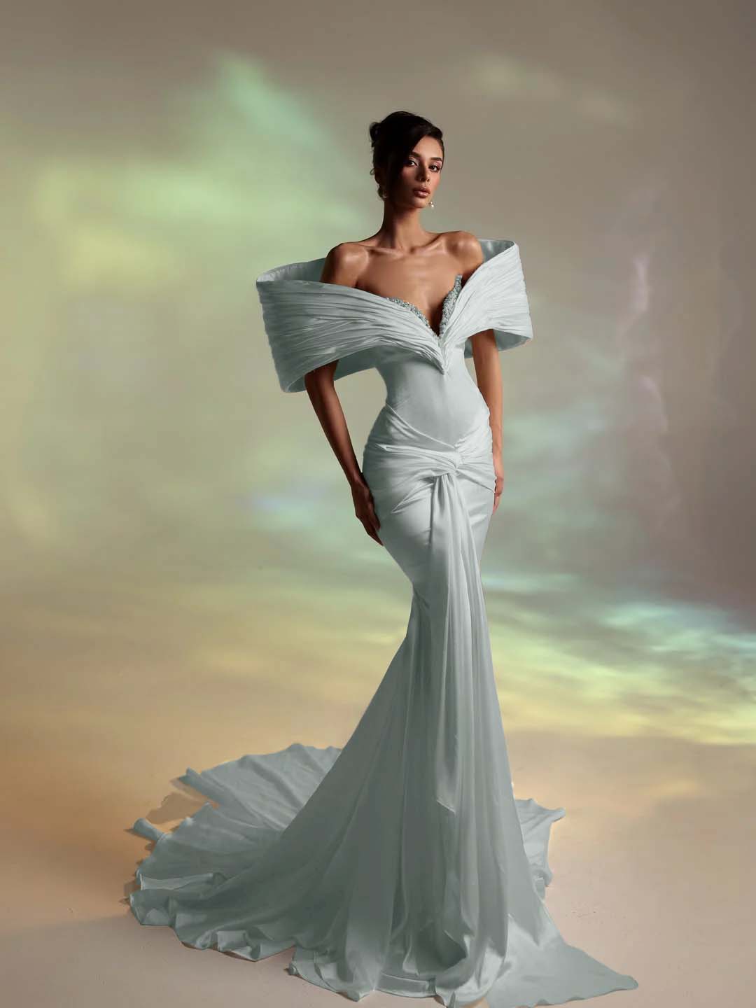 Deep V-Neck Strapless Long Pleated Mermaid Prom Dress With Ruffles And Beadings YK0707