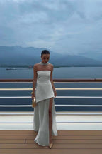 Cocoslly Strapless Split Holiday Summer Long Prom Dress With Scarf | White Satin And Chiffon ZT0604