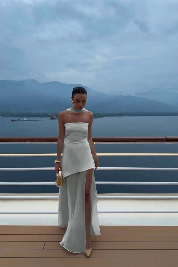 Cocoslly Strapless Split Holiday Summer Long Prom Dress With Scarf | White Satin And Chiffon ZT0604