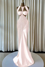 Cocoslly Halter Sleeveless High Waist Long Mermaid Prom Dress With Beading Pearls | Blush Champagne Satin JZ0163