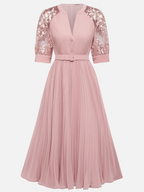 Pink Pleated Lace V Neck A-Line Midi Chiffon Dress