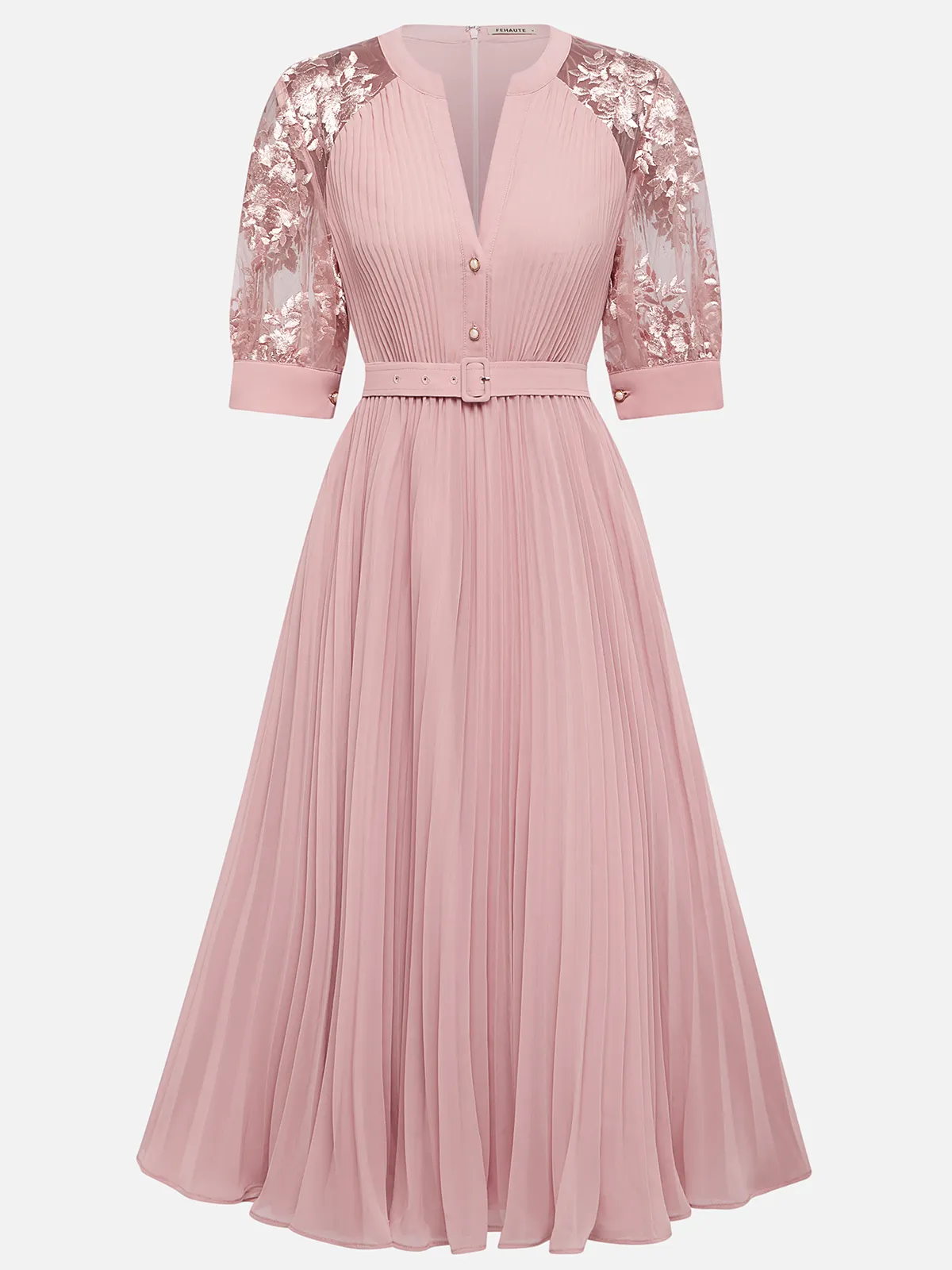 Pink Pleated Lace V Neck A-Line Midi Chiffon Dress