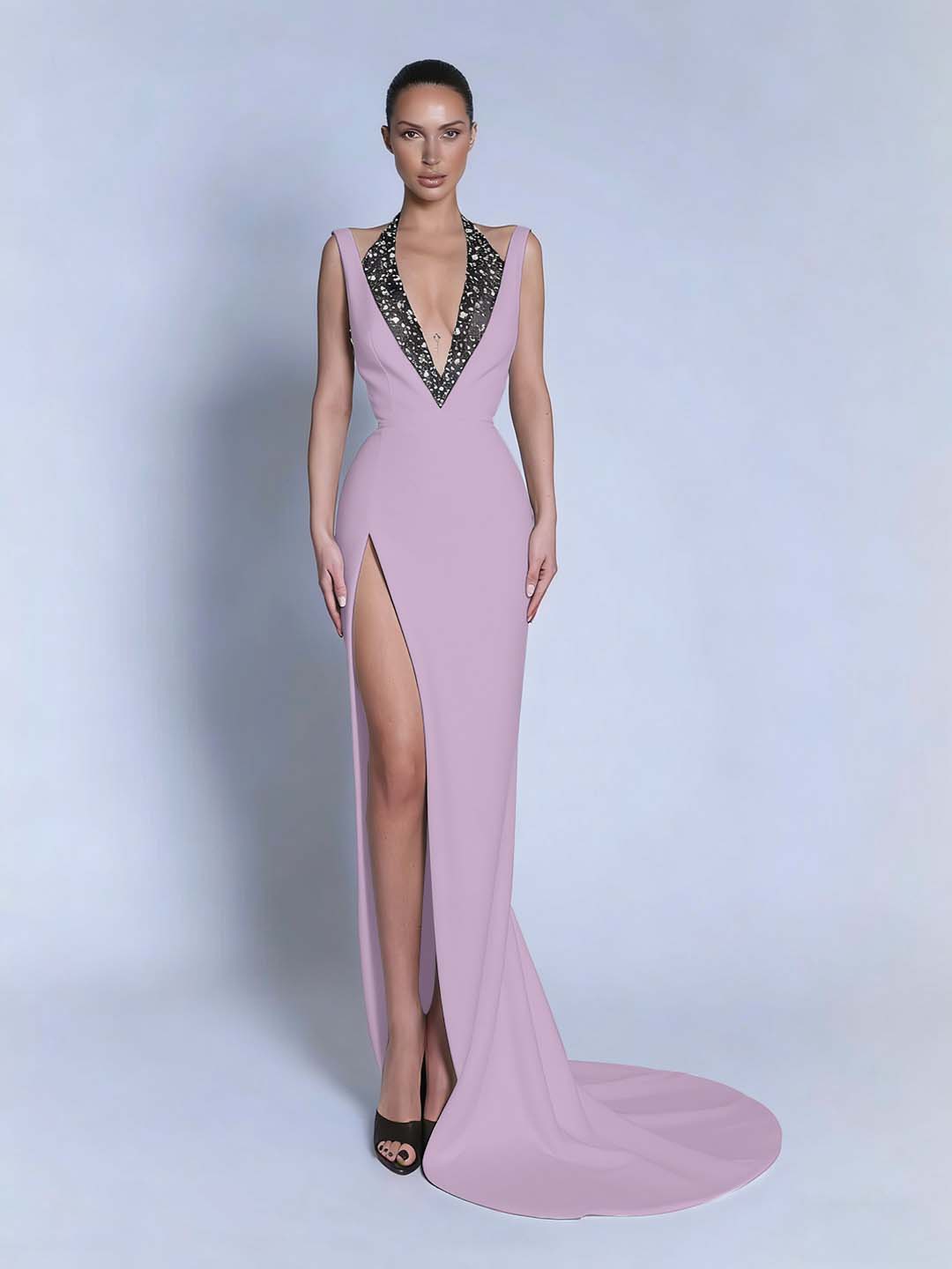 Halter V-Neck Wide Shoulder Straps Sleeveless Long Mermaid Prom Dress With Beadings And Split YK0734