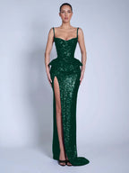 V-Neck Spaghetti Straps Sleeveless Long Mermaid Prom Dress With Split And Sequins YK0713