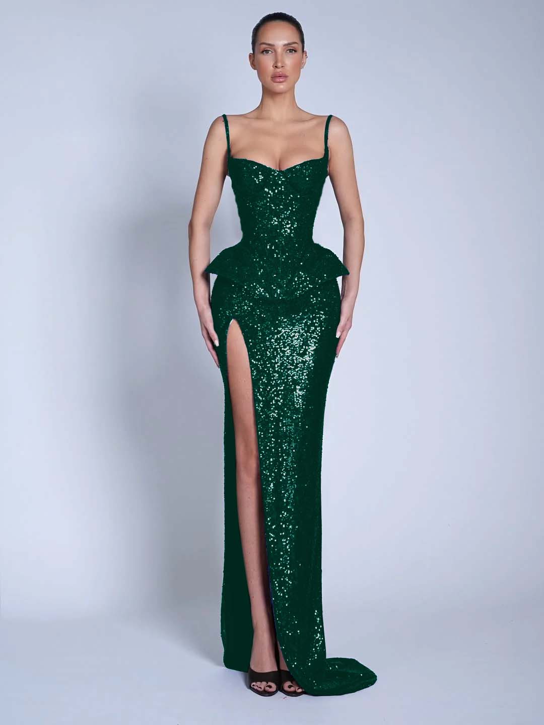 V-Neck Spaghetti Straps Sleeveless Long Mermaid Prom Dress With Split And Sequins YK0713