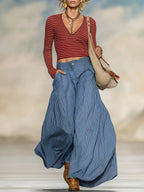 Retro Boho Red Striped V-Neck Long-Sleeve Top And Blue Pinstripe Wide-Leg Culotte Set