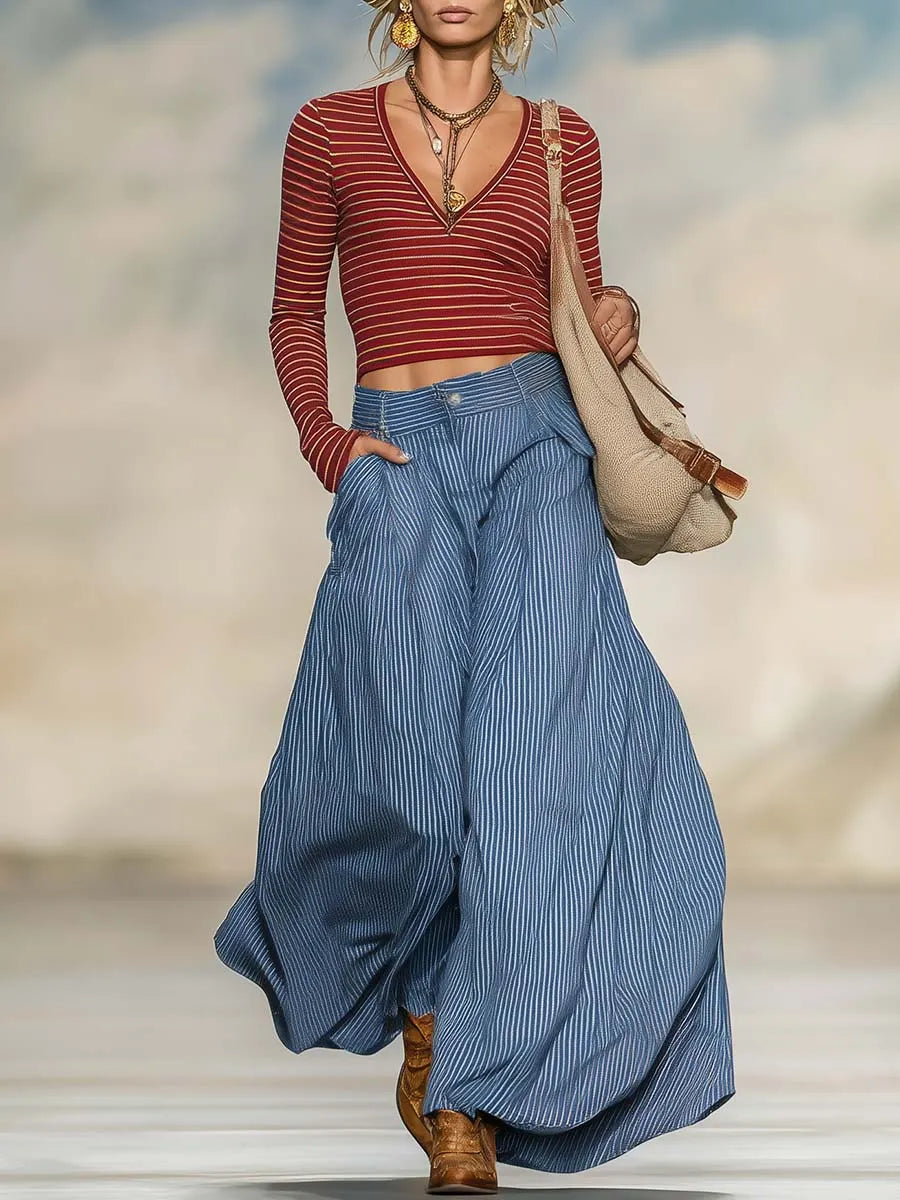 Retro Boho Red Striped V-Neck Long-Sleeve Top And Blue Pinstripe Wide-Leg Culotte Set