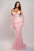 Cocoslly Strapless Sleeveless Long Mermaid Prom Dress With Embroidered And Gloves | Pink Satin And Lace ZA0398