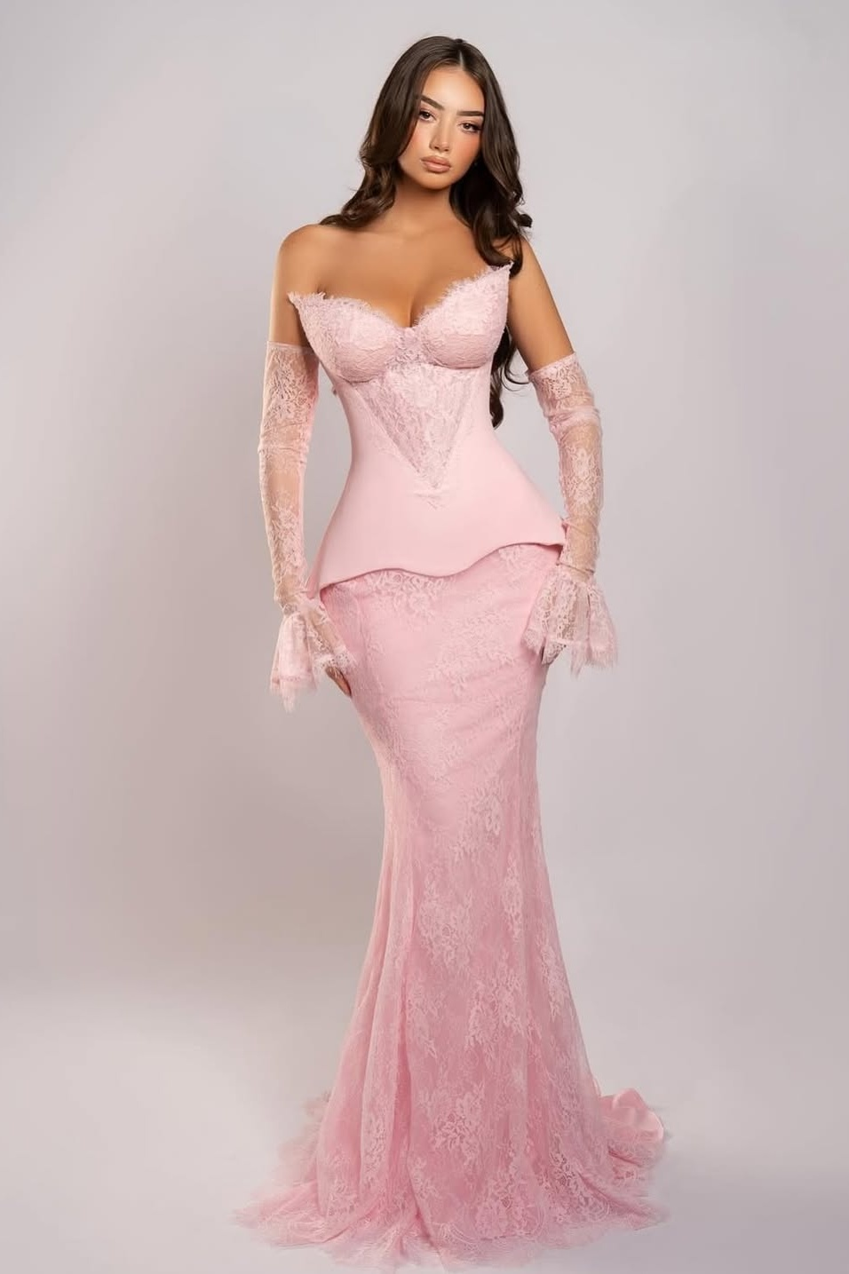Cocoslly Strapless Sleeveless Long Mermaid Prom Dress With Embroidered And Gloves | Pink Satin And Lace ZA0398
