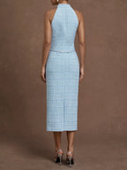 Women Blue Tweed Buckle Rhinestone Turtleneck Sleeveless Dressy Top With Skirt Two-Piece Set