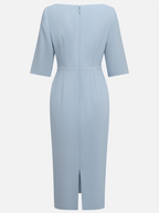 Light Blue Ruched Cotton Boat Neck Half Sleeve Sheath Midi Dress