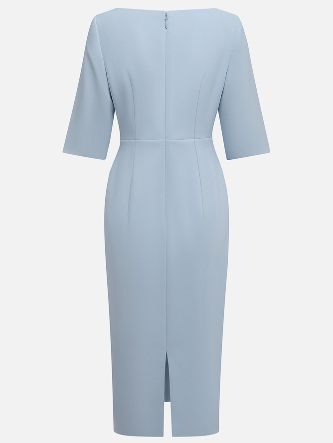 Light Blue Ruched Cotton Boat Neck Half Sleeve Sheath Midi Dress