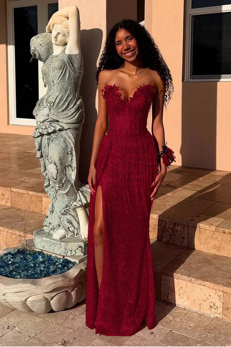 Red Strapless Sleeveless Long Mermaid Prom Dress With Sequins Split XJ0657