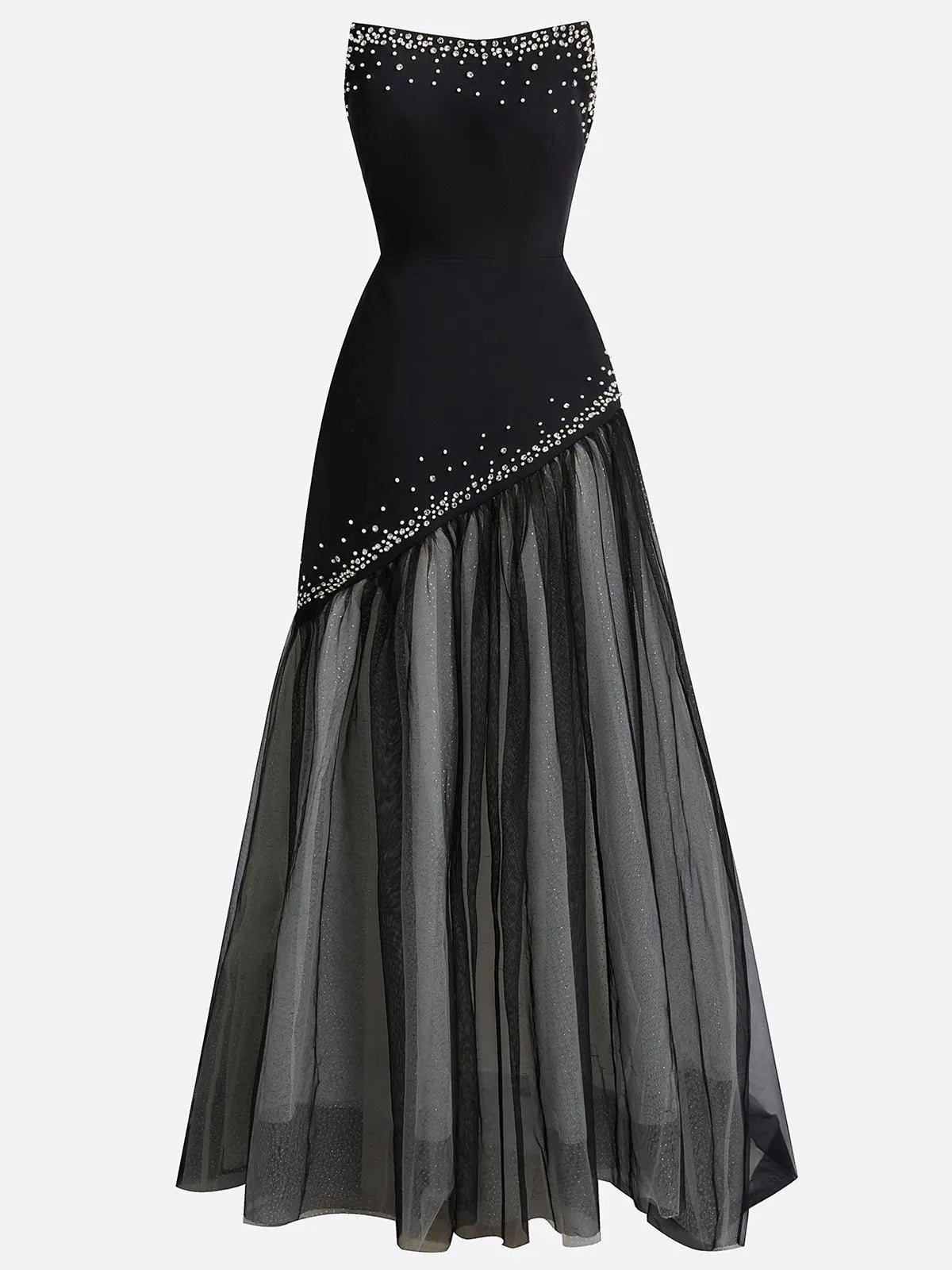 Black Hot Drilling Classic Tulle Strapless Sleeveless A-Line Gown Dress
