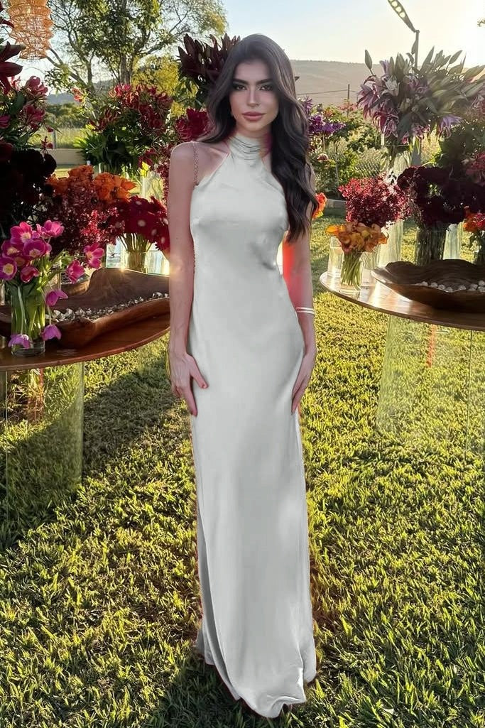 Cocoslly High Neck Sleeveless High Waist Long Mermaid Prom Dress | Fuchsia Satin XJ0757