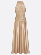 Champagne Lace Satin Halter Crew Neck Sleeveless A-Line Maxi Dress