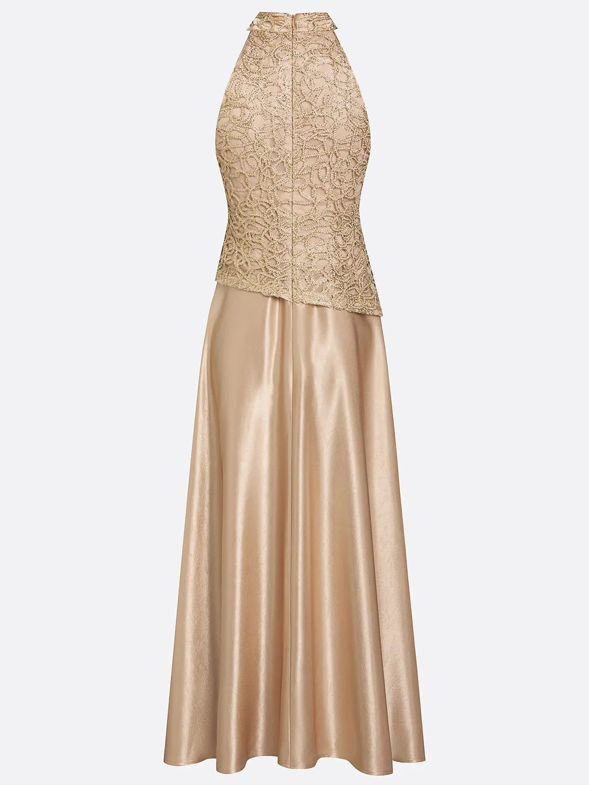 Champagne Lace Satin Halter Crew Neck Sleeveless A-Line Maxi Dress