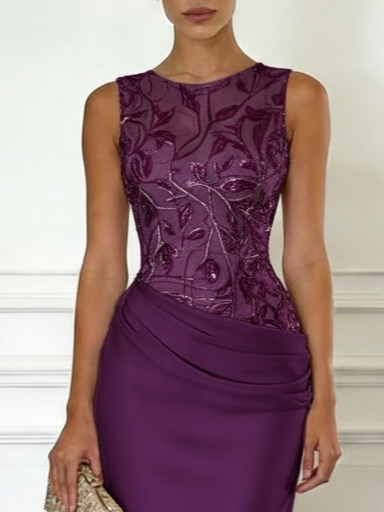 Purple Embroidery Satin Crew Neck Sleeveless Sheath Gown Dress