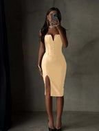 Spandex V-Neck Strapless Sleeveless Sheath Prom Dress With Buttons And Split YK0693