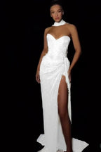 Cocoslly Strapless Sleeveless High Waist Long Split Prom Dress With Appliques And Scarfs | Silver Sequins JZ0147