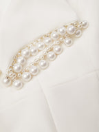 White Faux Pearl Knot Front Classic Boat Neck Short Sleeve Sheath Midi Dress