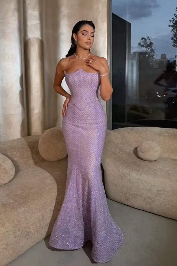Cocoslly Strapless Sleeveless High Waist Long Mermaid Prom Dress | Lilac Sequins ZT0602