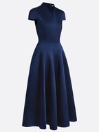 Navy Blue Satin Stand Collar Short Sleeve A-Line Maxi Dress