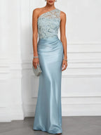 Light Blue Lace Embroidery Ruched Satin One Shoulder Sleeveless Mermaid Floor-length Gown Dress