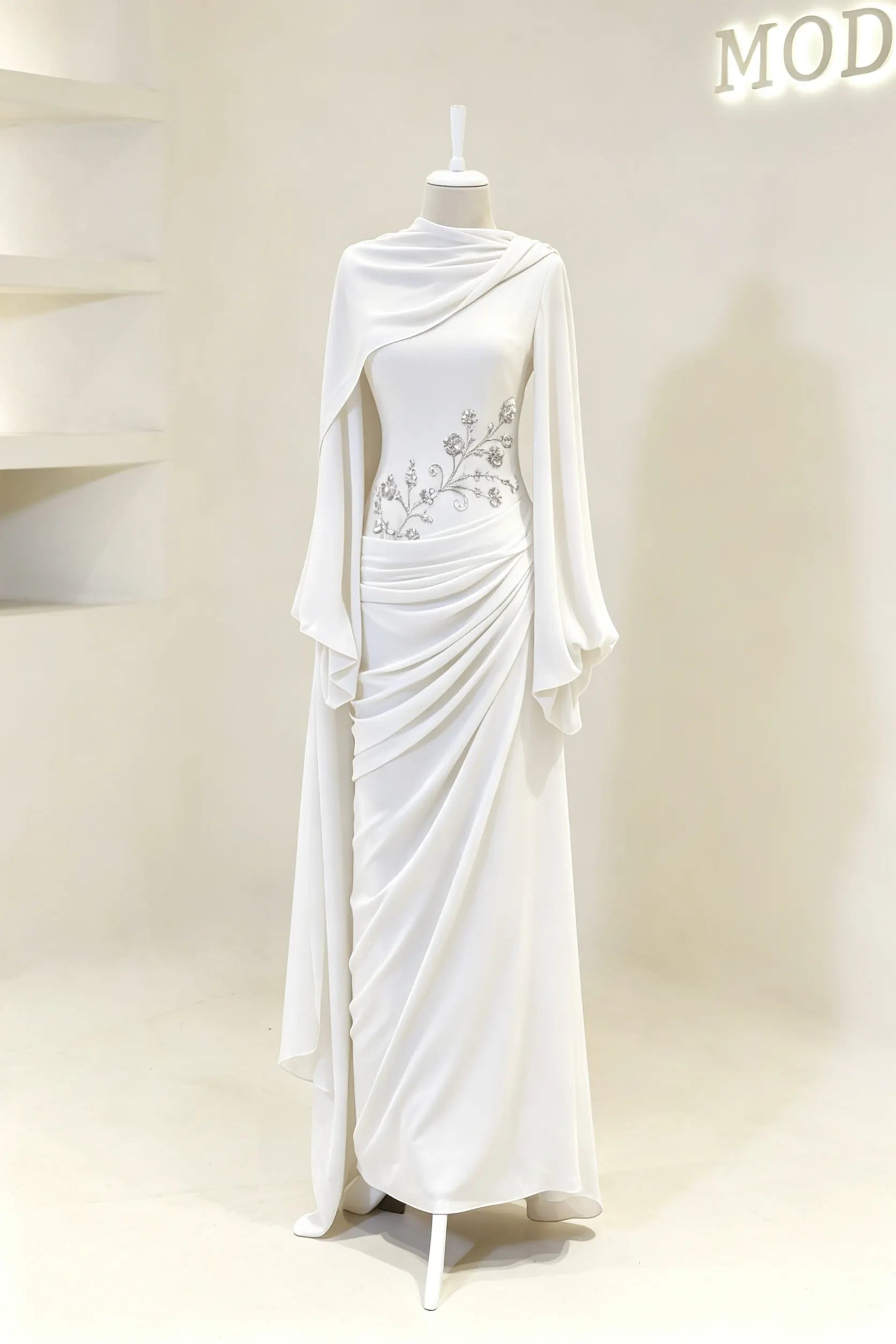 Cocoslly Long Sleeves High Waist Long Prom Dress With Pleated And Beading Pearls | Cabemet Chiffon ZA0710