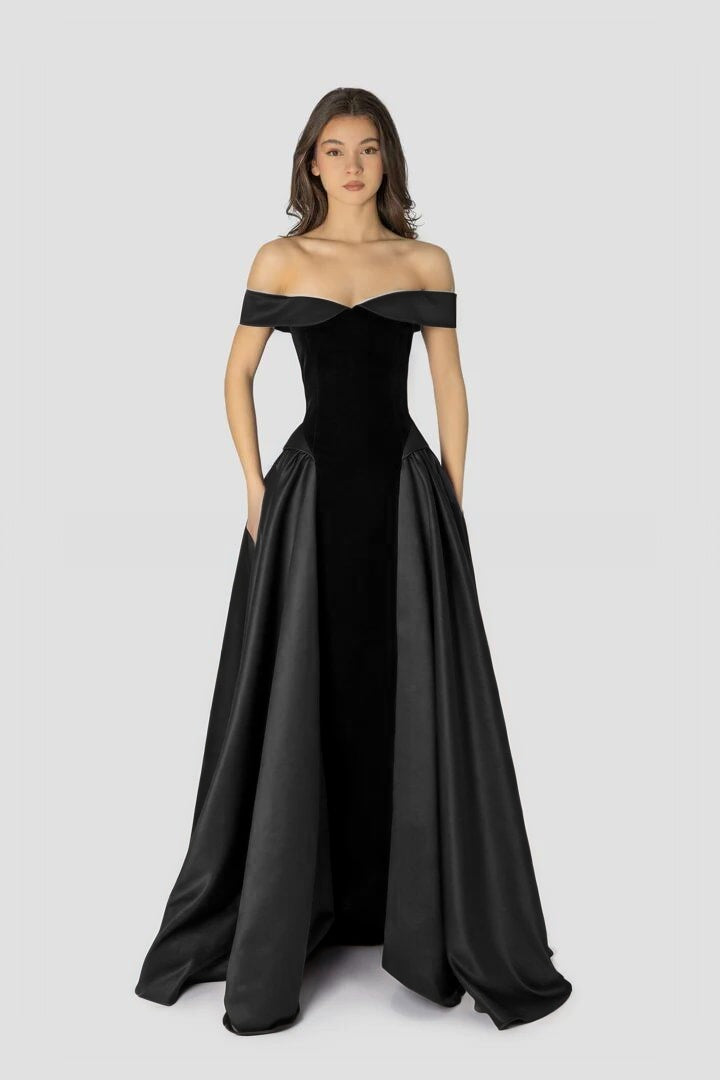Cocoslly Off-The-Shoulder Sleeveless High Waist Long A Line Prom Dress | Regency Satin LR0426