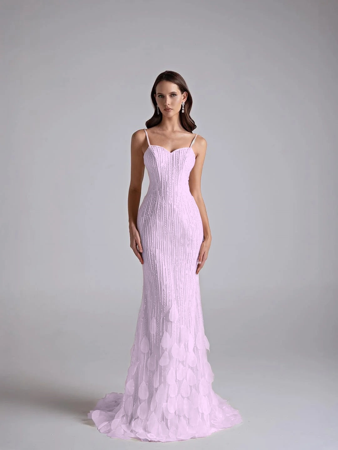 Tulle Sweetheart Spaghetti Straps Sleeveless Long Mermaid Prom Dress With Petals And Sequins YK0668