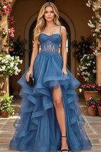 Cocoslly Spaghetti Straps Sleeveless High Waist Long Prom Dress With Beading Pearls And Split | Black Tulle LR0136