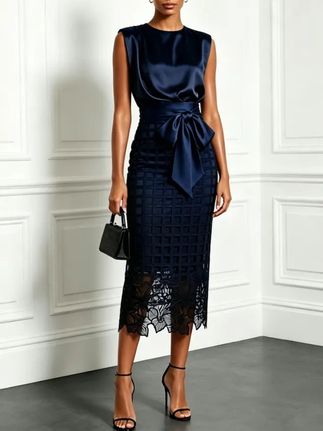 Women Champagne Lace Crew Neck Sleeveless Elegant Top With Skirt Two-Piece Set