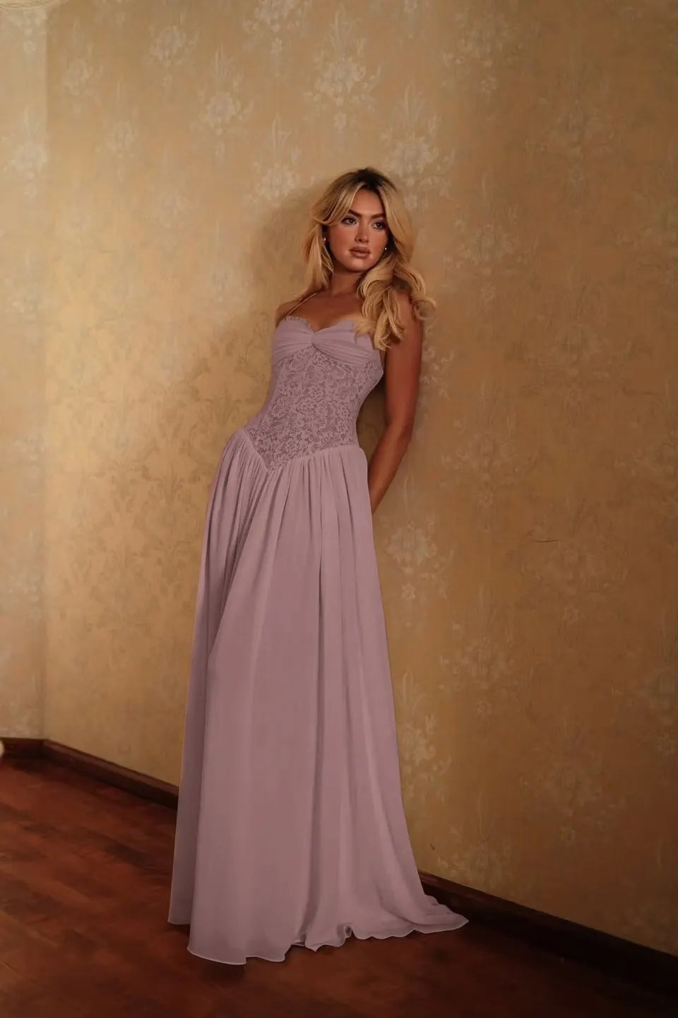 Cocoslly Spaghetti Straps Sleeveless High Waist Long Prom Dress | Glod Champage Chiffon YC0559