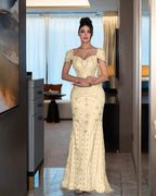 Cocoslly Short Sleeves High Waist Long Mermaid Prom Dress With Rhinstone | Silver Sequins YK1264