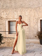 Cocoslly Strapless Sleeveless High Waist Long Split Prom Dress With Pleated | Pink Chiffon YK1283