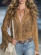 Casual Vintage Western Button Front Tassel Long Sleeve Light Brown Fuax Suede Shirt Top