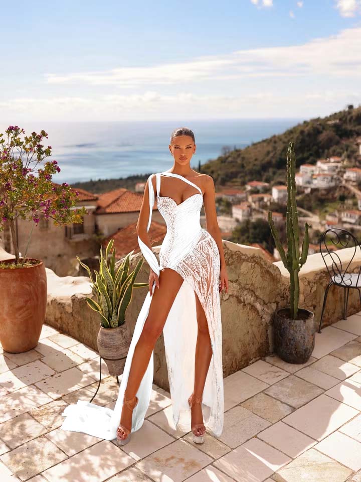 Cocoslly One Shoulder Sleeveless High Waist Long Split Prom Dress With Rhinstone | Silver Chiffon YK1284