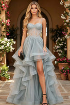 Cocoslly Spaghetti Straps Sleeveless High Waist Long Prom Dress With Beading Pearls And Split | Black Tulle LR0136