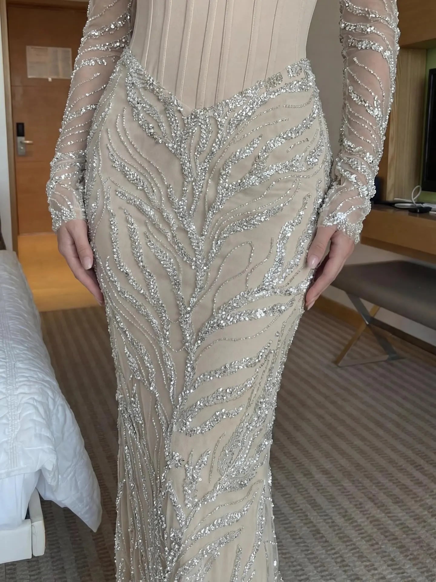 Cocoslly Square Neck Long Sleeves High Waist Long Mermaid Prom Dress With Sequin | Gray Satin CO0040