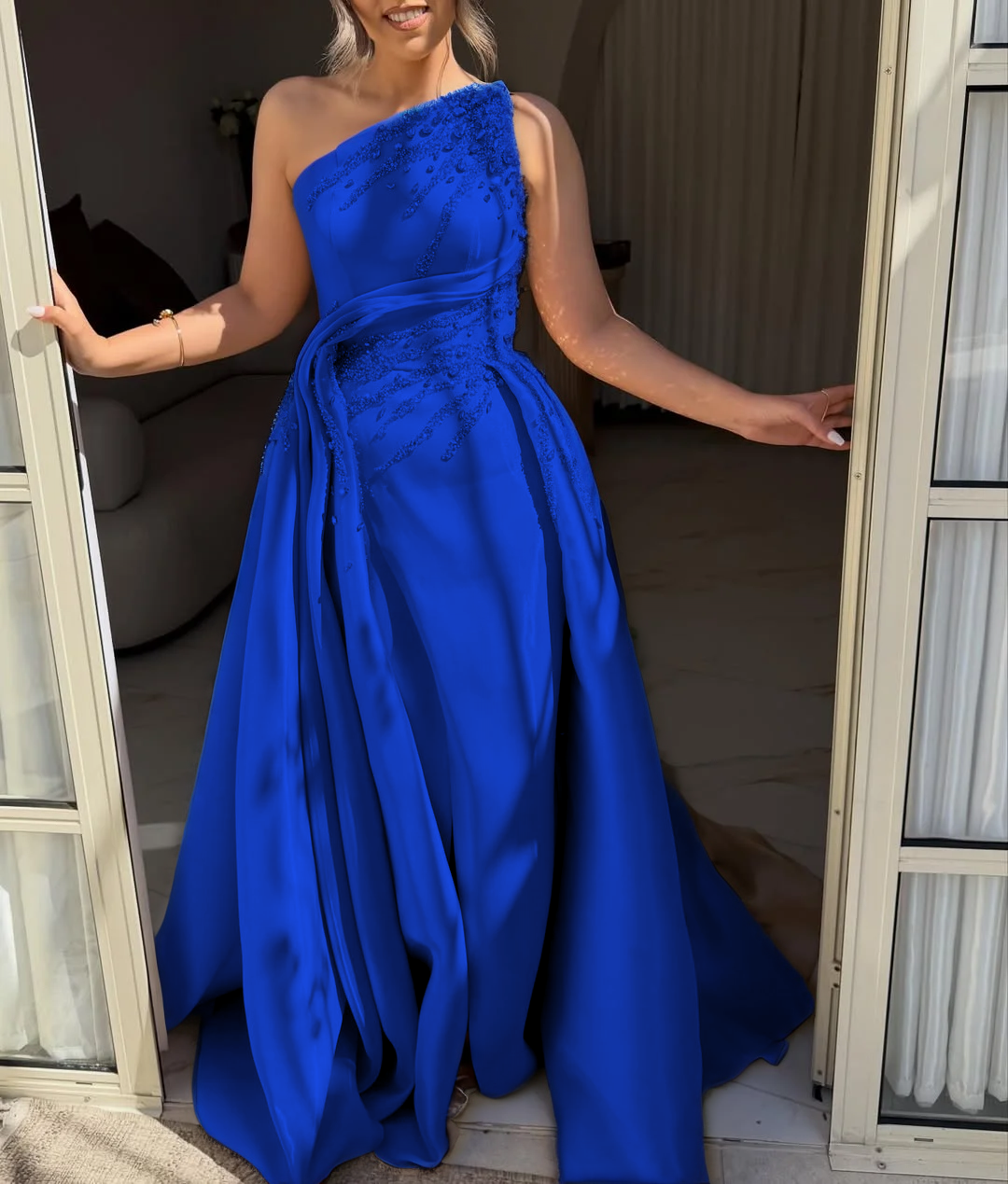 Asymmetric Strapless Sleeveless Long A-Line Prom Dress With Pleated And Beadings YK0692